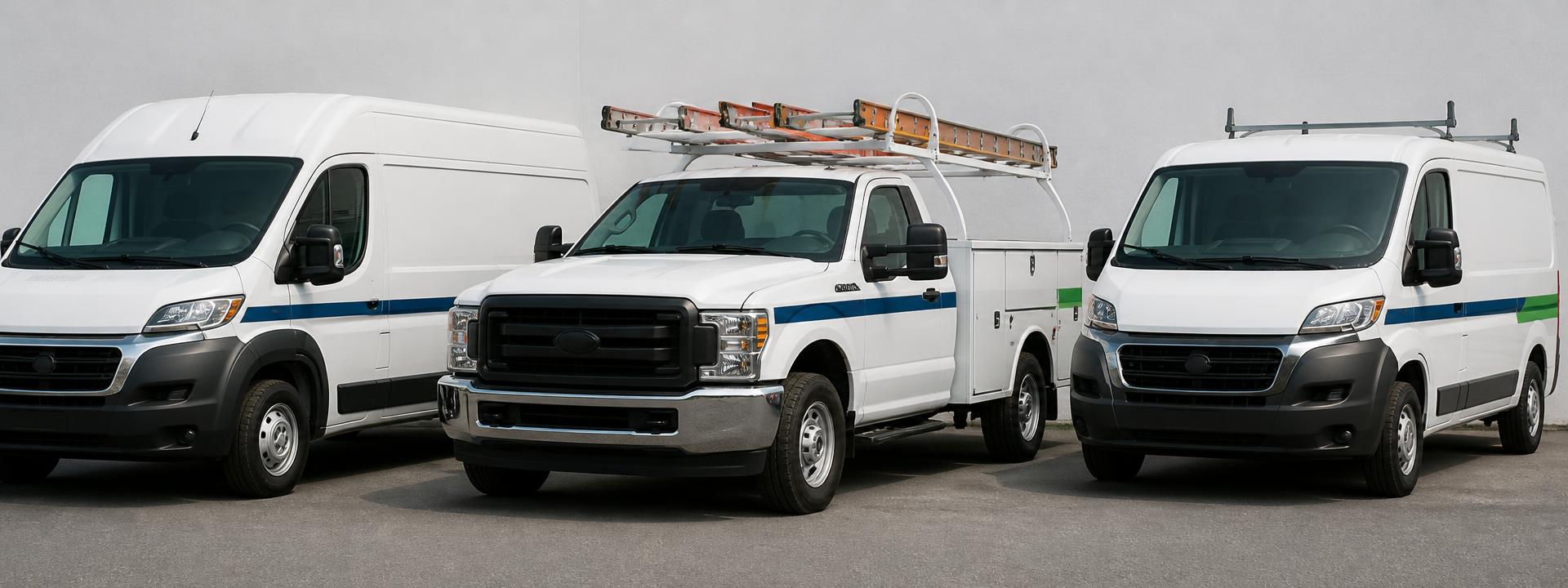 A small home services fleet: two service vans and a work pickup with a ladder rack